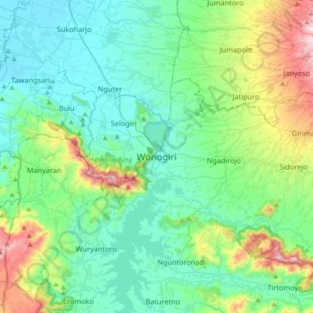 Mapa topográfico Wonogiri, altitude, relevo