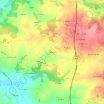 Mapa topográfico Bérlande, altitude, relevo