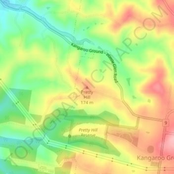 Mapa topográfico Pretty Hill, altitude, relevo