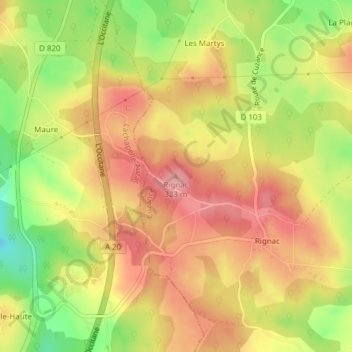 Mapa topográfico Rignac, altitude, relevo