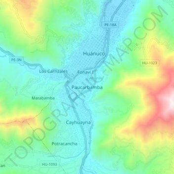 Mapa topográfico Paucarbamba, altitude, relevo