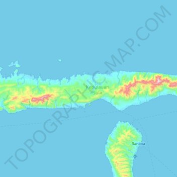 Mapa topográfico Pulau Mangole, altitude, relevo