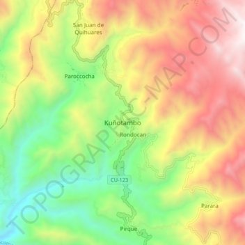 Mapa topográfico Kuñotambo, altitude, relevo
