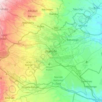 Mapa topográfico Nairobi, altitude, relevo