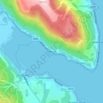 Mapa topográfico Kilmun, altitude, relevo