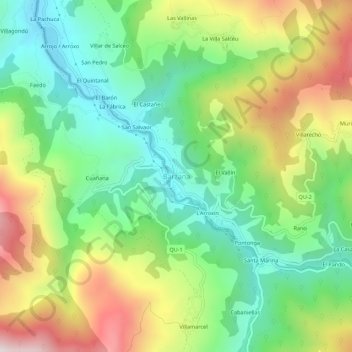 Mapa topográfico Bárzana, altitude, relevo