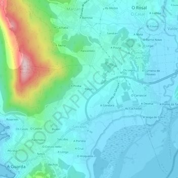 Mapa topográfico Pintán, altitude, relevo