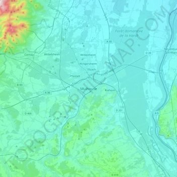 Mapa topográfico Mulhouse, altitude, relevo