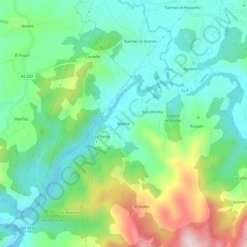 Mapa topográfico Brañes, altitude, relevo