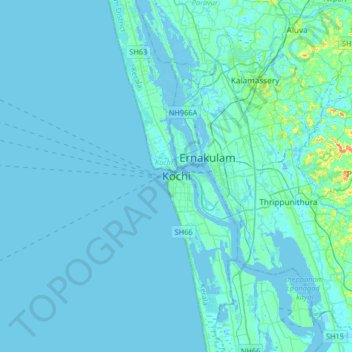Mapa topográfico Kochi, altitude, relevo