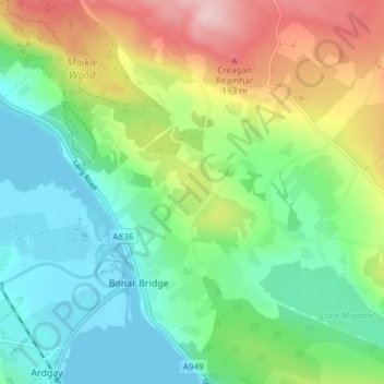Mapa topográfico Tulloch, altitude, relevo