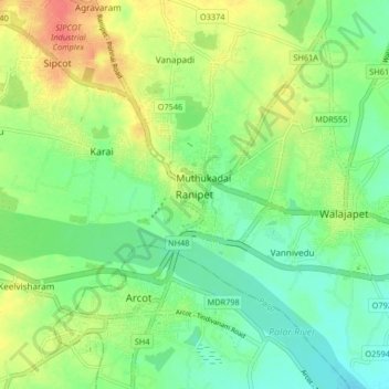 Mapa topográfico Ranipet, altitude, relevo