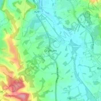 Mapa topográfico Grafham, altitude, relevo