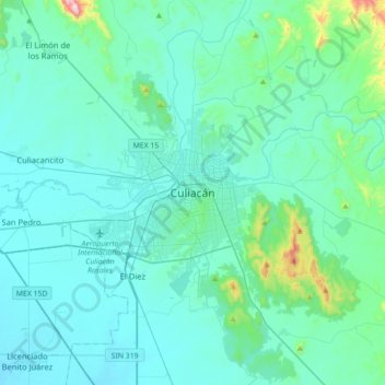 Mapa topográfico Culiacán, altitude, relevo
