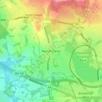 Mapa topográfico Norton Canes, altitude, relevo