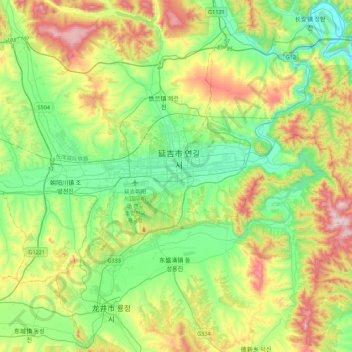 Mapa topográfico Yanji, altitude, relevo