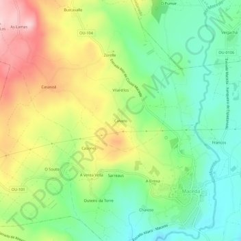 Mapa topográfico Calvelo, altitude, relevo