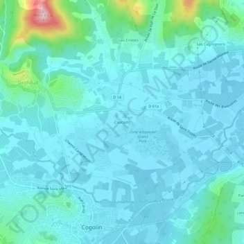 Mapa topográfico Caucadis, altitude, relevo