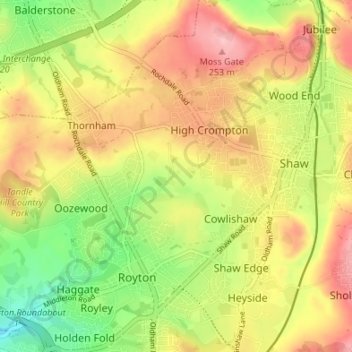 Mapa topográfico Low Crompton, altitude, relevo