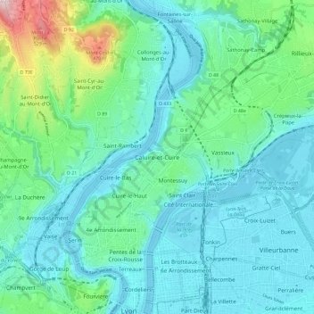 Mapa topográfico Caluire-et-Cuire, altitude, relevo