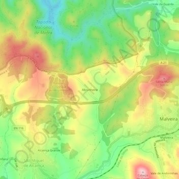 Mapa topográfico Abrunheira, altitude, relevo