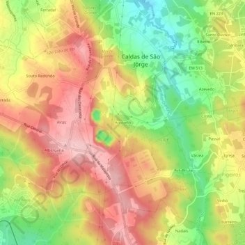 Mapa topográfico Arcozelo, altitude, relevo