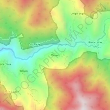 Mapa topográfico Waiwai, altitude, relevo