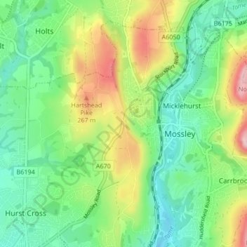 Mapa topográfico Mossley Cross, altitude, relevo