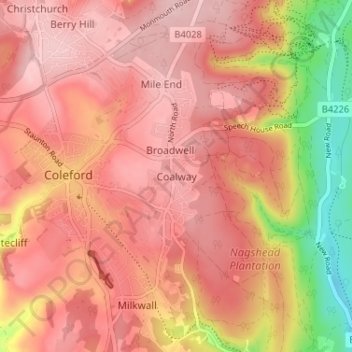 Mapa topográfico Coalway, altitude, relevo