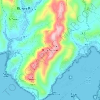 Mapa topográfico Morne Gommier, altitude, relevo