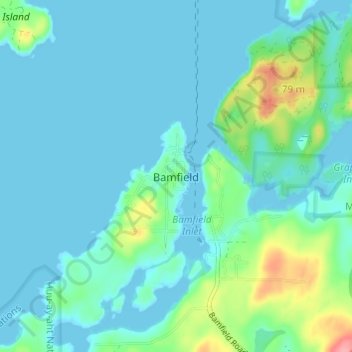 Mapa topográfico Bamfield, altitude, relevo