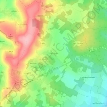 Mapa topográfico Les Gardes, altitude, relevo