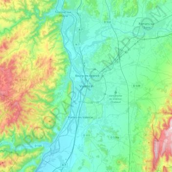 Mapa topográfico Valence, altitude, relevo
