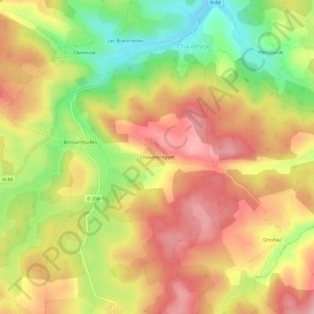 Mapa topográfico Chaudeyraguet, altitude, relevo