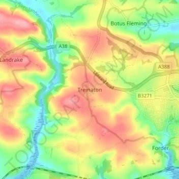 Mapa topográfico Trematon, altitude, relevo