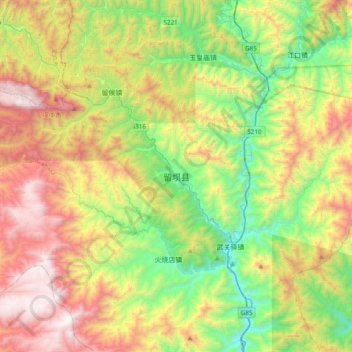 Mapa topográfico 留坝县, altitude, relevo