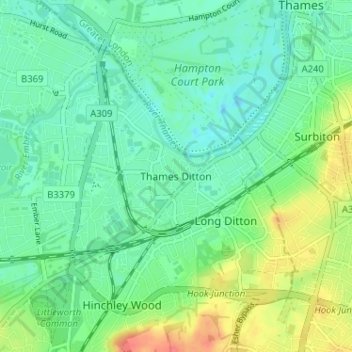 Mapa topográfico Thames Ditton, altitude, relevo