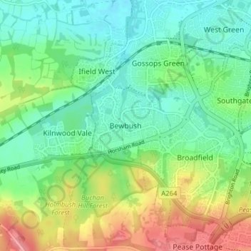 Mapa topográfico Bewbush, altitude, relevo