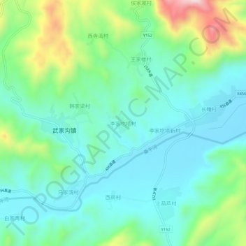 Mapa topográfico 李家圪塔村, altitude, relevo