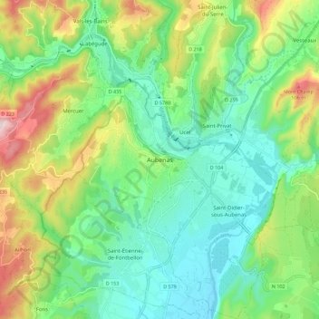 Mapa topográfico Aubenas, altitude, relevo