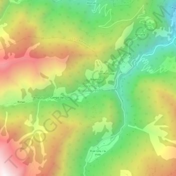 Mapa topográfico Rodoretto, altitude, relevo