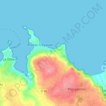 Mapa topográfico Primel, altitude, relevo