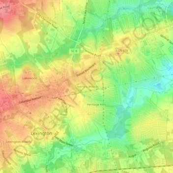 Mapa topográfico Coventry Woods, altitude, relevo