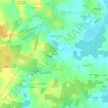 Mapa topográfico Trevelec, altitude, relevo