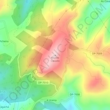 Mapa topográfico Monte Caxado, altitude, relevo