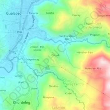 Mapa topográfico Zhiquil, altitude, relevo