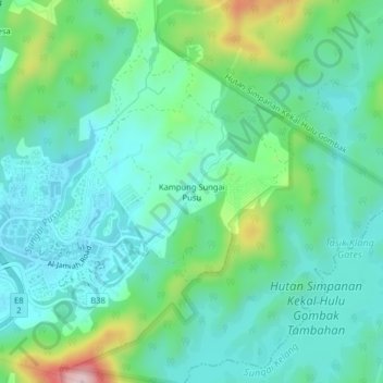 Mapa topográfico Kampung Sungai Pusu, altitude, relevo