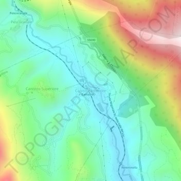 Mapa topográfico Canistro Inferiore, altitude, relevo
