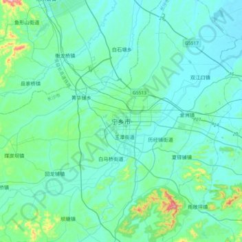 Mapa topográfico 宁乡市, altitude, relevo