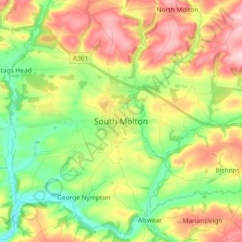 Mapa topográfico South Molton, altitude, relevo